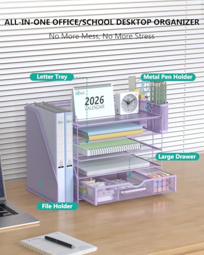 Image of WALI Desk File Organizer, 5 Tier Desktop Paper Letter Tray Organizer with Drawer and 2 Pen Holders, Office Desk Accessories & Workspace Organizers for Office, Home Supplies(DO006DH-V), 1 Pack, Purple