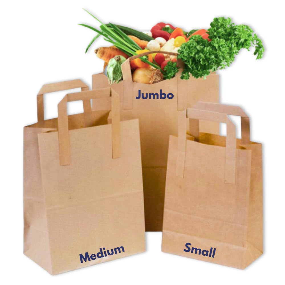 Clearly 50 Small Brown Kraft Paper Bags with Handles | 8.5x7x3 | 70 GSM -Thickness | SOS Takeaway Lunch Grocery Gift | Take Away Bags for Shopping Store Bakery Restaurants