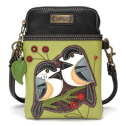 Image of CHALA Bird Collection Cell Phone Crossbody Purse-Women PU Leather /Canvas Multicolor Handbag with Adjustable Strap - Chickadee - green