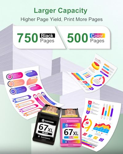 Image of EaseFusion 67XL Ink Cartridges Black /Color Combo Pack Replacement for HP Ink 67 for 67XL HP Printer Ink Compatible with DeskJet 2855e 2755e 2700 4255e 4155e 4100 Envy 6000 6055e 6455e Printer
