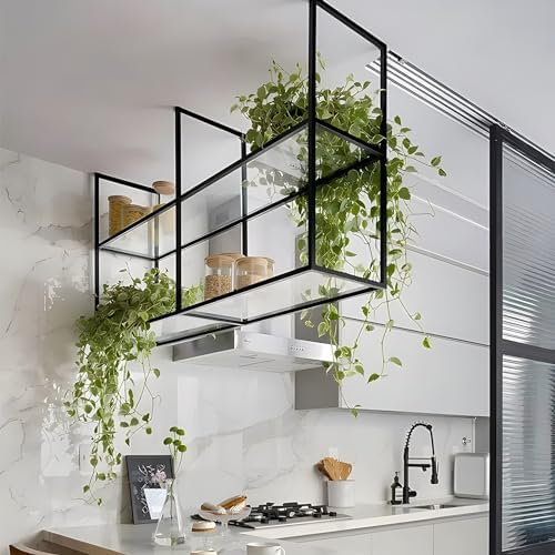 2-Tier Ceiling Mount Shelf, Metal & Acrylic Floating Storage Rack, Wall-Mounted Plant Stand & Organizer for Kitchen, Restaurant, Flower Shop - 100x30x80cm