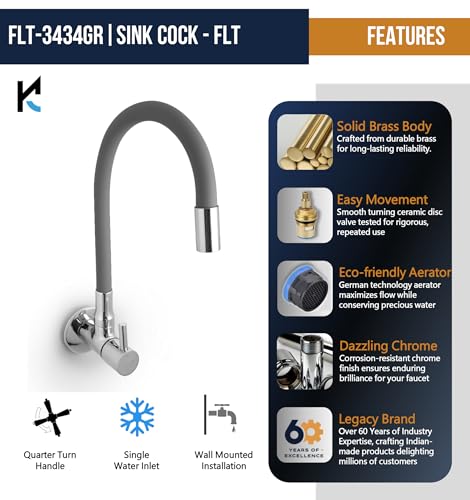 Image of KAMAL Full Brass Sink Tab - Cock (Flexible Swivel Spout 360 Degree) Single Flow Grey & Chrome Bib Tap Faucet (Wall Mount Installation Type)