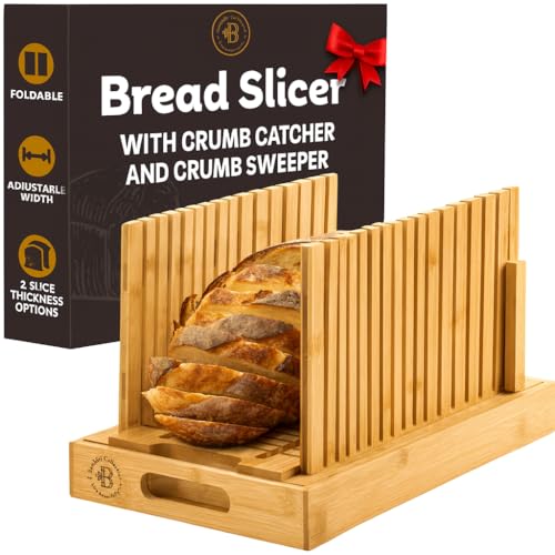 Bread Slicer for Homemade Bread - Adjustable Loaf Width Bread Cutter with Foldable Slicing Guide and Crumb Tray - Wooden Bread Cutting Board for Loaf, Cake, Bagels, Artisan Bread - Gift for Bakers