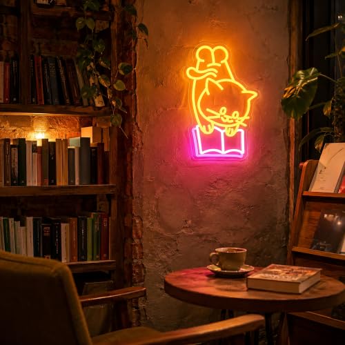Image of Cat Read BookNeon Sign for Wall Decor Light Up Sign Led Signs for Room Party Home Wall Decor USB Powered