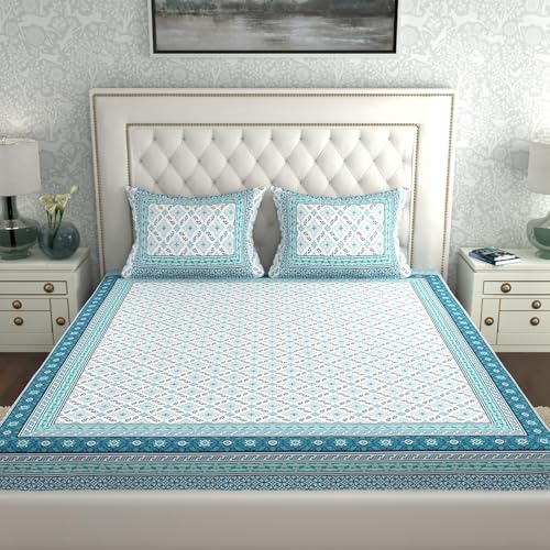 Image of La Verne 140 TC 100% Cotton King Size Jaipuri Rajasthani Print Bedsheet with 2 Pillow Covers (White-Blue)