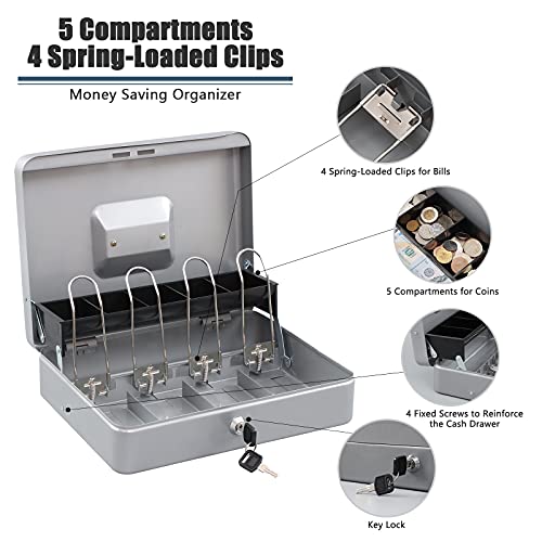 Image of KYODOLED Locking Cash Box with Lock,Money Box with Cash Tray,Lock Safe Box with Key Money Saver,Money Saving Organizer,11.81Lx 9.45Wx 3.54H Inches,Lightgrey XL Large