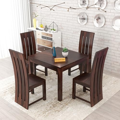 Image of Solid Sheesham Wood Dining Room Sets 4 Seater Dining Table with 4 Chairs for Dining Room, Living Room, Kitchen, Hotel, Restaurant, Cafeteria-(Zinor,Walnut)