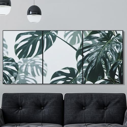 モンステラの絵葉っぱの絵。キャンバスに描かれた壁掛けアートプリントで、アルミニウム合金フレーム付き。耐久性のある頑丈なバックボードを使用しており、厚さ2.5cm、サイズ40x30cmの3枚セットです。