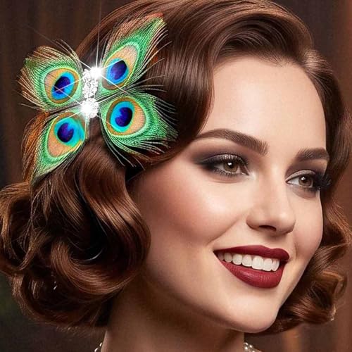 Yokawe pinza de cabello vintage con diseño de mariposa y plumas de pavo real con cristales para fiesta Gatsby, graduación y boda miniatura 7