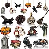 Maitys 36 Pcs Halloween Wood Ornaments for Tree Gothic Halloween Decorations Skull Black Cat Pumpkin Hanging Signs Witch Hats Finger Crow Wood Cutouts with Ropes for Home Small Tree Party Indoor Decor