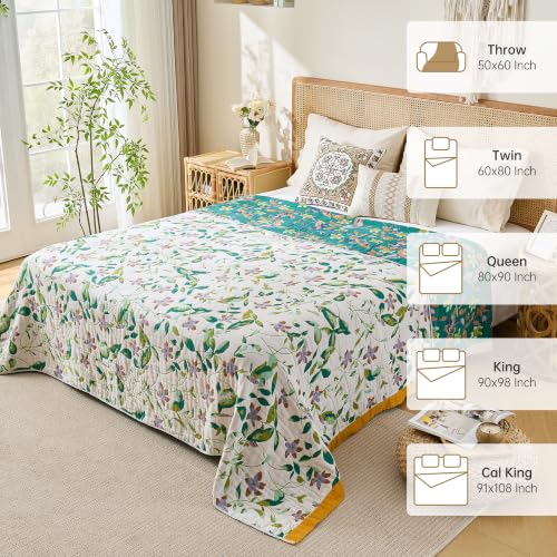 Image of VANJOROY Boho Throw Blanket, 100% Organic Cotton Breathable Skin-Friendly Ultra Soft 60 inch x 80 inch Bed Quilt Throw - Floral Rustic Decor Luxury Reversible Blanket for Sofa Couch Chair and Gift,