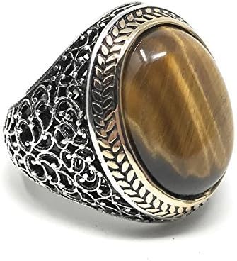 KAR 925K Stamped Sterling Silver Heavy Natural Oval Tiger Eye Men's Ring I1S Gift For Him