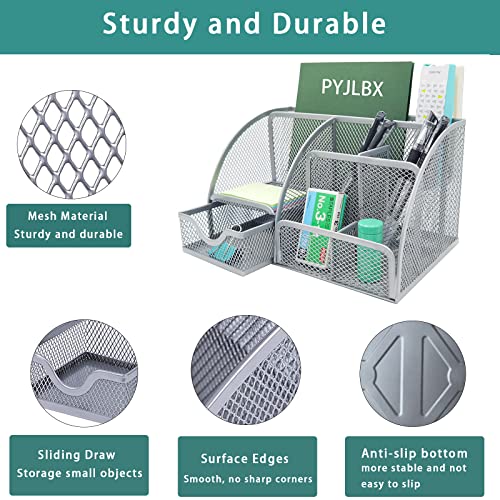 PYJLBX Desk Organiser, Silver Metal Mesh Pen Holder & Stationery Storage - Image 2