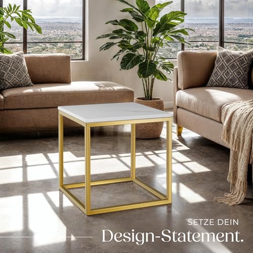 tectake® Couchtisch, Kleiner Tisch, Beistelltisch Metall und Marmor, Wohnzimmer Möbel, Coffee Table, Beistelltisch, Nachttisch, Sofatisch, Kaffeetisch modern, Kleinmöbel - Gold/weiß – Bild 8
