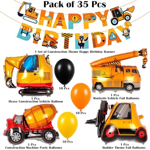 Image of Construction Theme Birthday Decoration Kit for Boys - 35 Pcs Happy Birthday Banner with Excavator, Crane, Forklift & Truck Foil Balloons Decoration Set for Kids Birthday Party