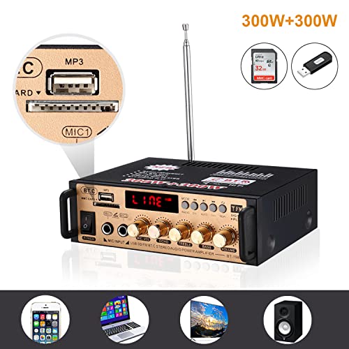 Facmogu 198B 2 Channel Bluetooth 5.0 Stereo Amplifier, Rms 30Wx2, Max 250Wx2 Home Audio Power Sound Receiver W/Fm Radio Usb Headphone 2 Wireless Mic For Karaoke Speaker Sound System #TOP4