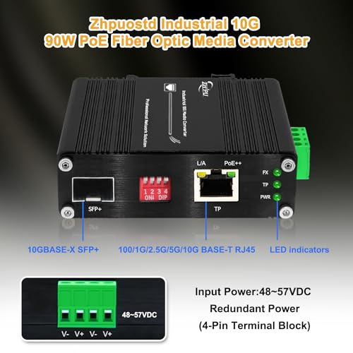Image of Industrial 10G 90W PoE Fiber Optic SFP+ Media Converter, Unmanaged POE+ + Fiber Optic transceiver, IEEE802.3af /at /bt,DIN Rail, 48-57V DC, (-40F to 167F)