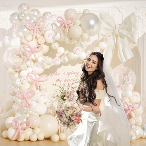 Image of Pearl Balloon Arch Kit, JOGAMS 199Pcs White Bow Balloon Arch Kit with 260 Clear Balloons Pink Ribbon Bow for Coquette Bow Theme Birthday Baby Shower Wedding Bachelorette Bridal Shower Party