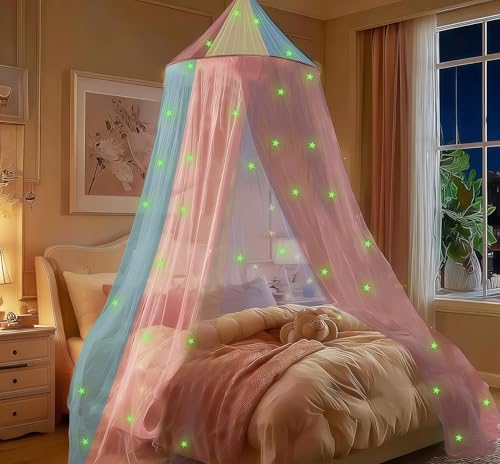 LionLively Princess Rainbow Bed Canopy for Girls with Glow-in-The-Dark Stars, Colorful Canopy Net Fits Most Single, Twin, Full and Queen Size Bed, Bedroom Accessories