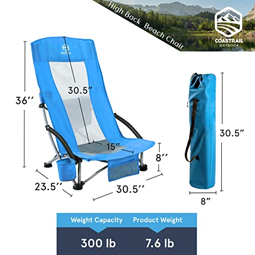 Coastrail Outdoor Beach Chair High Back Folding Mesh Low Seat Sand Chair For Adults With Cooler, Cup Holder & Carry Bag For Camping Lawn Concert Travel Festival, Support 300 Lbs #TOP2
