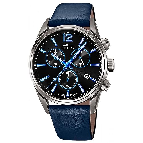 LOTUS Montre Homme Analogique Cuir Bleu - Quartz - Chronographe - Calendrier - Verre Minéral Résistant - Étanche 10 ATM Casual 18683/6 Chrono