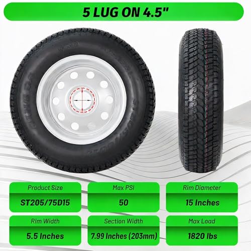 Image of ST205 /75D15 Trailer Tires, 5 Lug on 4.5 inch, 6PR Load Range C, 15in Fuel-saving Designed Trailer Tires 205 75 15 for Travel /Camper /Landscape /Cargo /Utility /Boat /Horse /Farm /Hauler Trailer(Pack of 2)