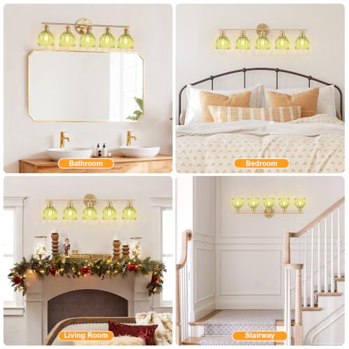 Image of Bathroom Light Fixtures, 5-Light Brushed Gold Vanity Lights for Bathroom with Green Tulip Glass Shade, 30 inch Vintage Bathroom Vanity Lighting Fixtures Over Mirror for Bedroom Living Room Hallway