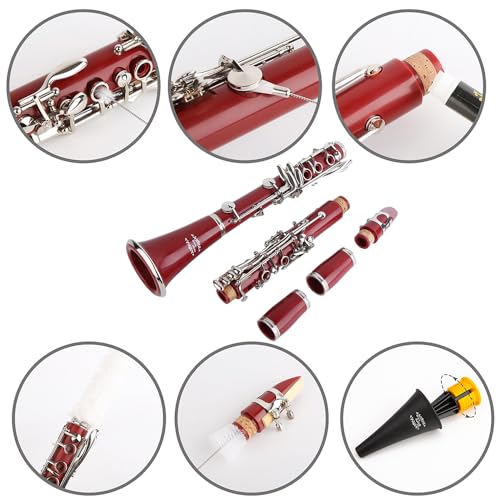 Image of Glory GLY-CLARD Professional Ebonite Bb Clarinet with 10 Reeds, Stand, Hard Case, Cleaning Cloth, Mouthpiece Brush and Pad Brush,Red