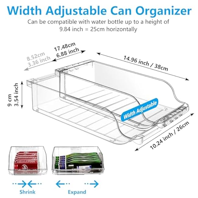 2 Packs Clear Width Adjustable Soda Can Organizer for Refrigerator Expandable Soda Can Dispenser for Beer Soda Seltzer Pop Can Soda Expand Organizer for Fridge Kitchen Pantry