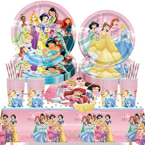 Set di stoviglie per feste di compleanno a tema principessa Jiahuade, 61 pezzi; servizio da tavola per feste di compleanno per bambini, tema principessa, con piatti di carta, bicchieri, tovaglioli
