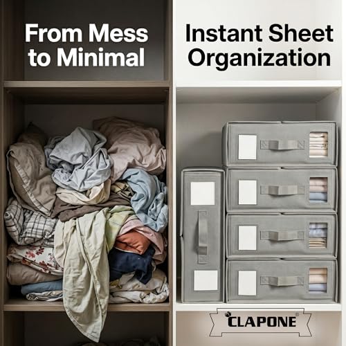 Image of CLAPONE Bedsheet Organizer Storage Box, Foldable Clothes Storage Container, Non-Woven Closet Organizer for Bedding, Blankets, Comforters & Underbed Storage (Grey, Pack Of 2)