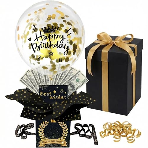 Birthday Surprise Money Box with Floating Balloon - Pull Cash Gift Box Kit for Men Women Adults - Fun Party Gift Idea for Birthday Graduation Wedding (Black)