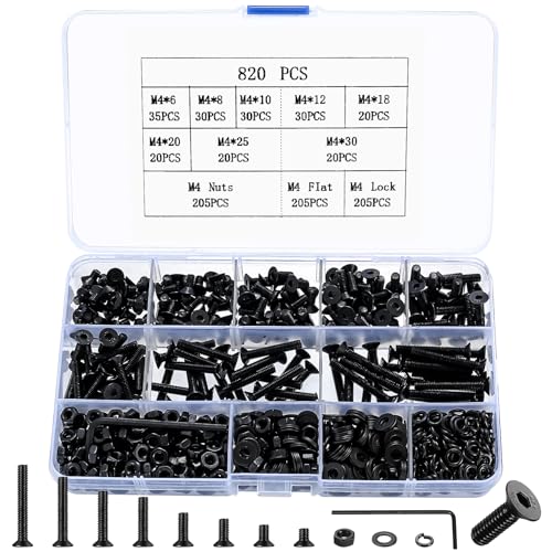 820 STK M4 Schrauben Set, Senkkopfschrauben Muttern Set, Gewindeschrauben mit Muttern Set mit Unterlegscheiben & Federscheiben Set, Innensechskant Sechskantschrauben, Maschinenschrauben Sortiment (M4)