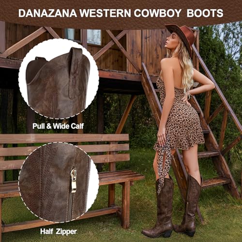 Knee High Cowgirl Boots Women Wide Calf Rhinestones Cowboy Boots Lady Pointed Toe Chunky Heel Embroidered Sparkly Boot With Side Half Zip Country Sparkle Boot Size 6-113