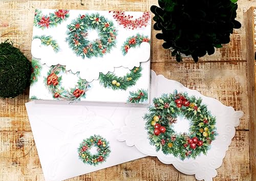 Image of Poster Foundry Set of 3 - Christmas Holiday Wreaths Boxed Note Cards by Carol Wilson. 10 embossed 4x5 Die-Cut Notecards and Matching Envelopes in Decorative Gift Box with Magnetic Flap. NCPX2367