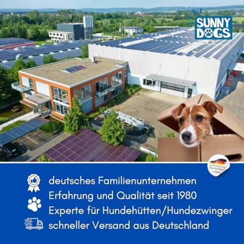 SunnyDogs Wetterfeste Holz-Hundehütte grau mit aufklappbarem Dach und 5cm dicken Wänden, 100x70x80 cm