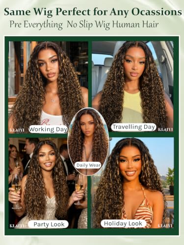Image of KLAIYI Bye Bye Slip Golden Blonde Balayage Highlights Water Wave Glueless Precut 7x5 Lace Front Wigs Human Hair Drawstring Ombre Brown Curly Pre Plucked Bleached Knots Ready to Wear and Go Wig 20Inch