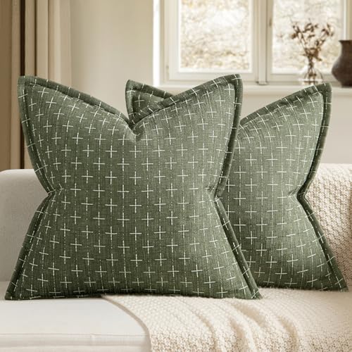 Image of MIULEE Decorative Burlap Linen Throw Pillows Covers 18x18 Inch Olive Green Spring Vintage Couch Pillow Covers Modern Farmhouse Pillowcase Woven Textured Cushion Cases for Sofa Bed Livingroom