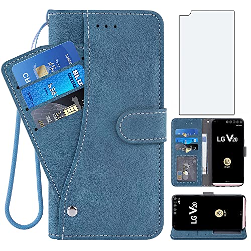 Asuwish Compatible with LG V20 Wallet Case and Tempered Glass Screen Protector Lanyard Flip Credit Card Holder Stand Shockproof Cell Accessories Phone Cover for LGV20 LG20 V 20 ThinQ Women Men Blue