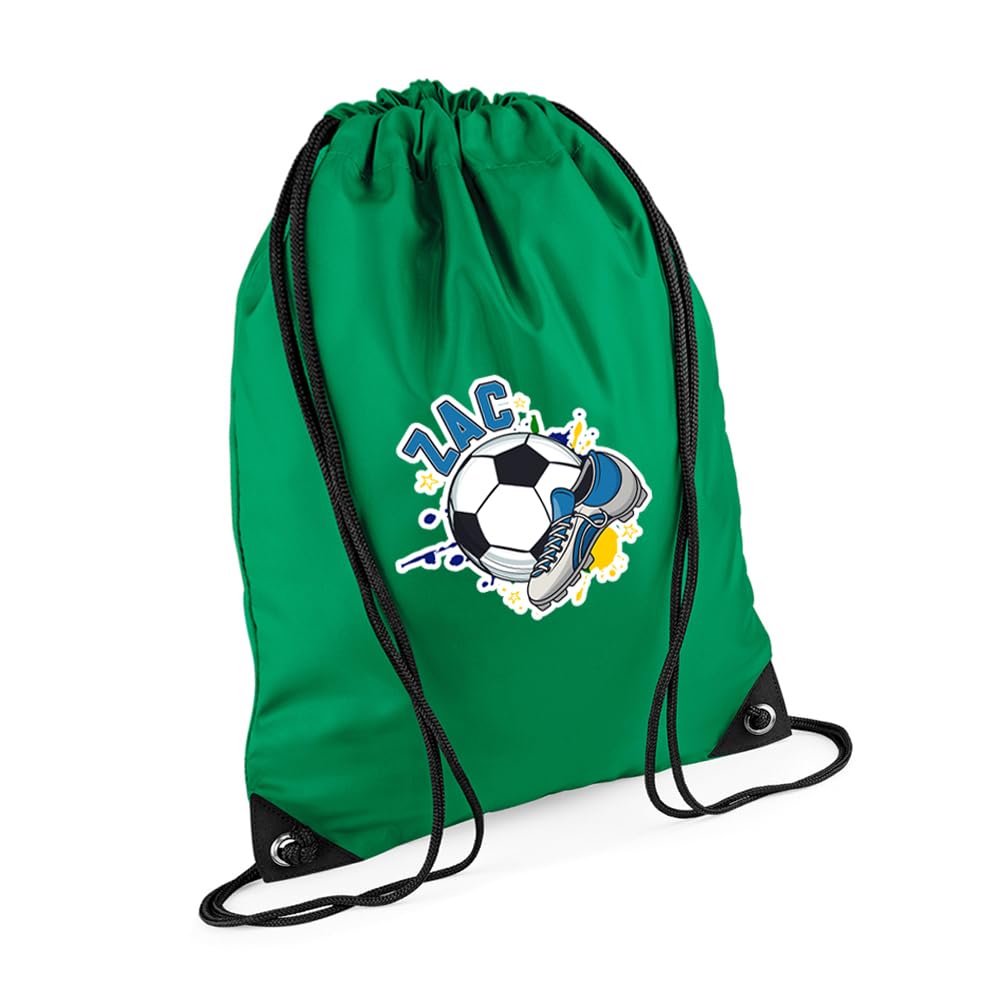 Personalised footballer Bag Gift, Best Football Player Gift, Football Game Gift, Drawstring Bag, PE Gym Kit Swimming, Sport Rucksack. (Kelly Green)