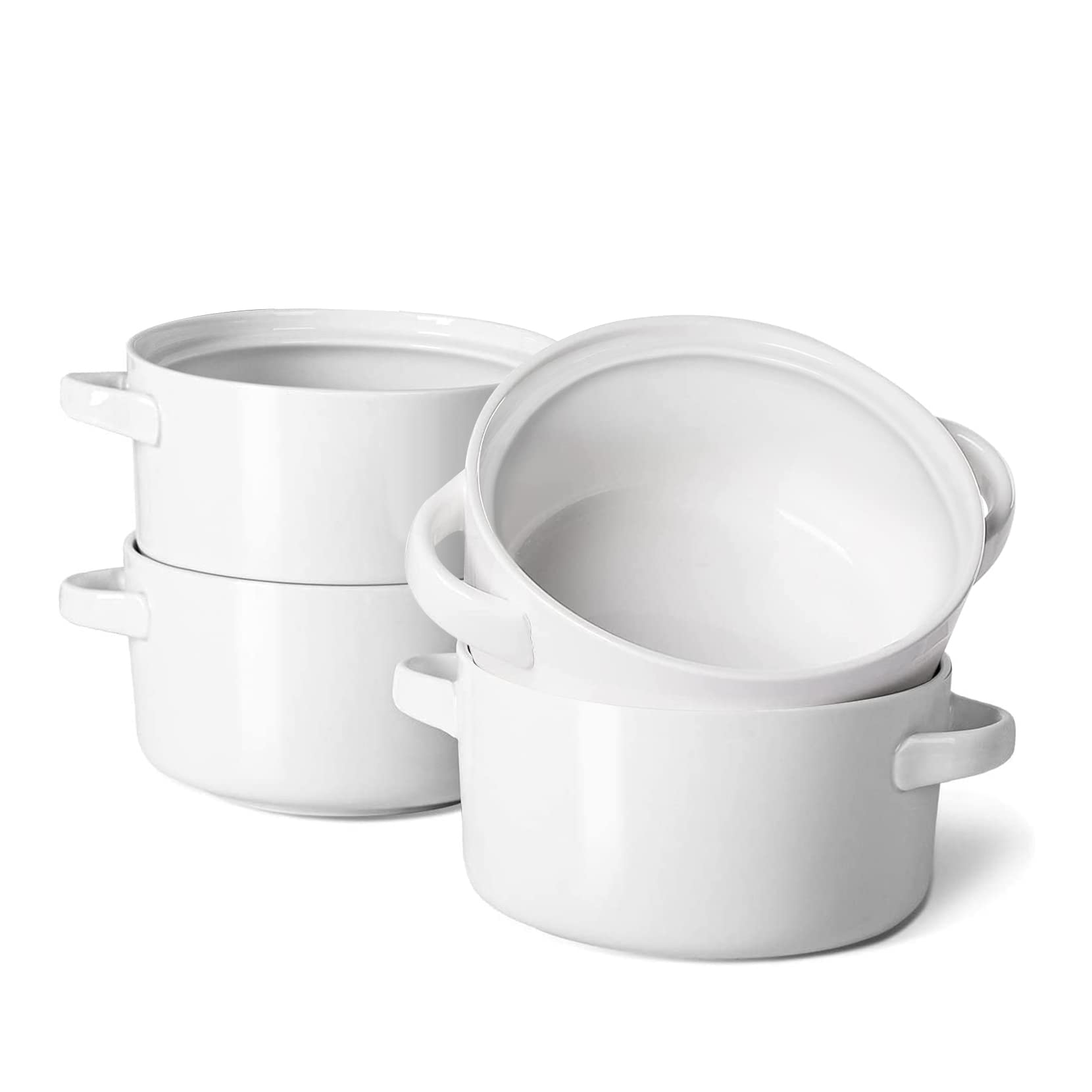Soup Bowls with Handles,700ml Ceramic Cereal Bowl Set for kitchen, White French Onion Soup Crocks, Oven Dishwasher Safe, Stackable Bowls for Soup, Cereal, Stew, Chill Set of 4