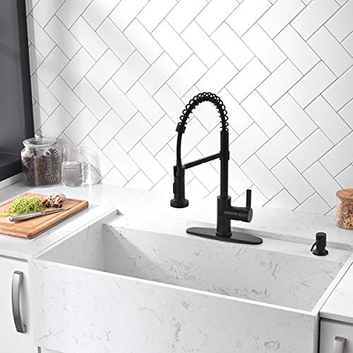 Appaso Black Kitchen Faucet With Soap Dispenser, 18" Commercial High Arc Tall Modern Single Handle Spring Kitchen Sink Faucet With Pull Down Sprayer #TOP1