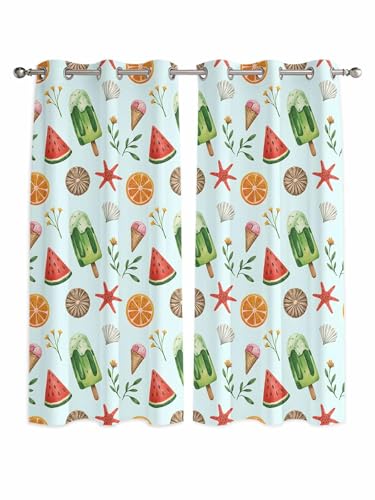 Summer Blue Window Curtains Panels with Silver Grommet,Watermelon Starfish Ice Cream Starfish Lemon Kitchen Cafe Curtain Draperies Window Treatment Set for Living Room/Bedroom/Bathroom/Cafe,84x84