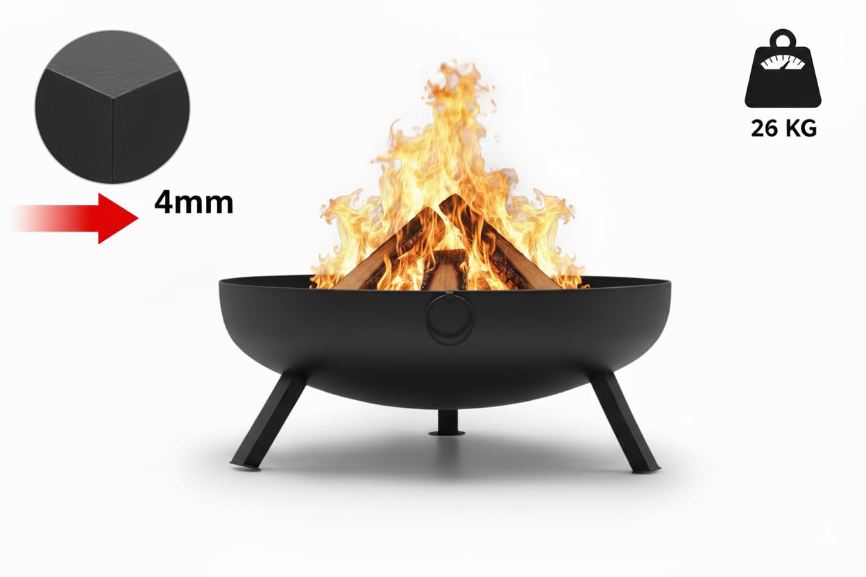 Feuerschale Schwarz 79 cm - 4mm Stahl, 26 kg, Pulverbeschichtet - Rund, Wetterfest, Farbstabil - Massive Feuerstelle für Garten und Terrasse - Favilla