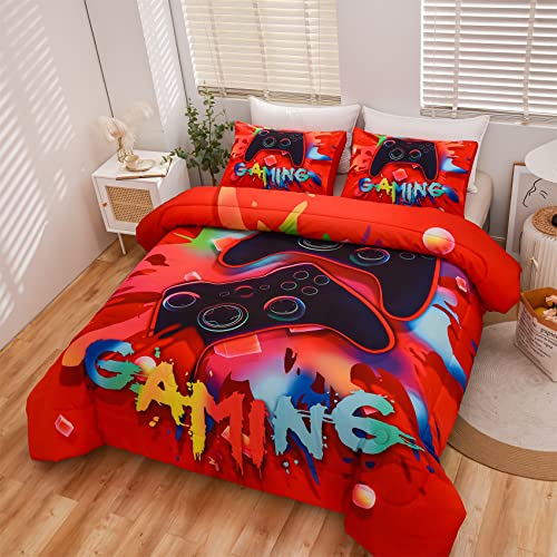 Aimuan Gaming Comforter Sets For Boys Kids Bedding Sets Video Games Console Action Buttons Novelty Colorful Game Gamepad Controller Modern Gamer Room Decor Home Quilt Set (Twin, Red) #TOP1