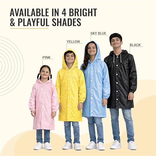 Image of Robustt Kids Eva Raincoat for Boys & Girls (8-16 Years) with Full Sleeves with Elastic Cuff | Unisex Hooded Kids Rain Coat with Drawstring | Reusable Raincoat with Snap Button Closure | Knee Length