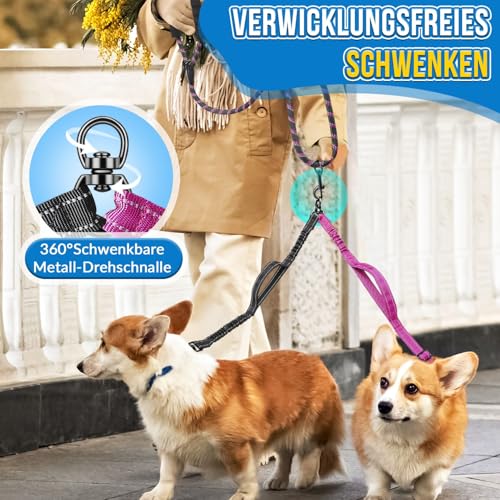 SlowTon Doppelte Leine für zwei kleine Hunde, 360° drehbare doppelte Hundeleine mit 4 Griffen, superleicht für Welpen unter 20 Pfund, reflektierender verstellbarer Riemen und stoßabsorbierendes Bungee