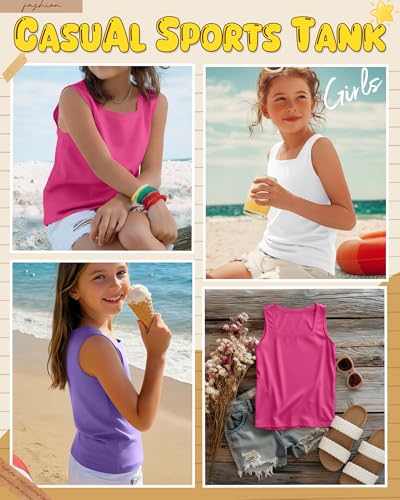Image of 3 Pack Girls Square Neck Tank Tops | Basic, Sleeveless T-Shirts, Casual Summer Tanks, Kids Undershirts, School, Size 5-14 Years, Comfy, Elasticity