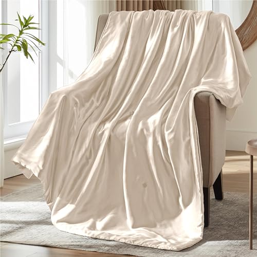 MILVOWOC Beige Satin Throw Blanket - 50 x 60 Inches, Cooling Packable Lightweight Satin Blanket, Soft & Cozy Silky Throw Blanket for Couch Sofa Bed Outdoor Travel