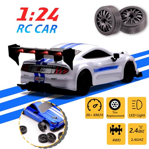 Image of 1:24 Scale RC Drift Car,4WD 2.4GHz High Speed Racing Hobby Sport Toy Car Vehicle with LED Lights,Racing and Drift Wheels for Adult Boys Girls Kids Gift (8602-White)
